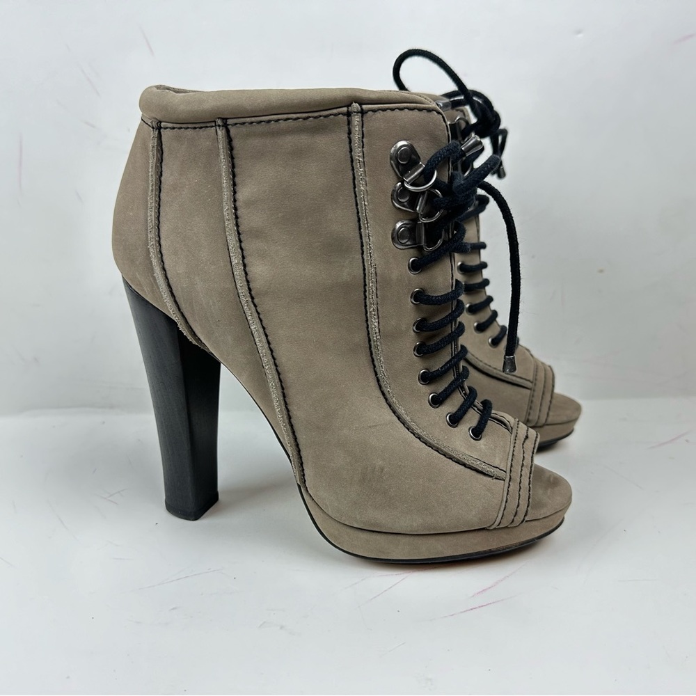 True Religion Size 8 Lace Up Ankle Suede Boot Open Toe Chunky Heel EUC